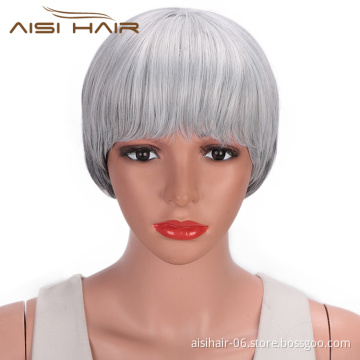 Aisi Hair Straight Short Bob Wigs Grey Black Mixed Colors Synthetic Short Bob Wigs With Bangs for Women
